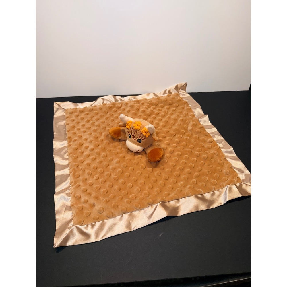 Movepai Highland Cow Baby Security Blanket Tan Minky Dot Satin Trim Lovey